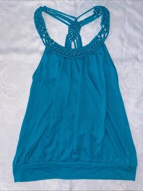 Teal Crochet-Trim Halter Tank Top